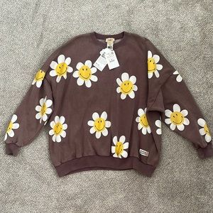 Pull & Bear brown smiley happy collection Sweatshirt Pullover Sz Medium NEW